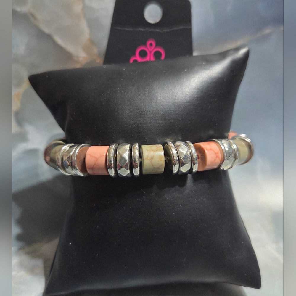 Pink and Cream Beaded Stretch Bracelet with Silver Accents
